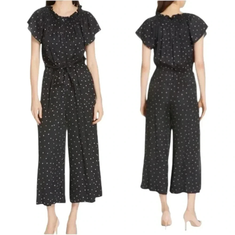 REBECCA TAYLOR | Silk Painted Dot Jumpsuit in Black Combo | Wide Leg Cropped | 2